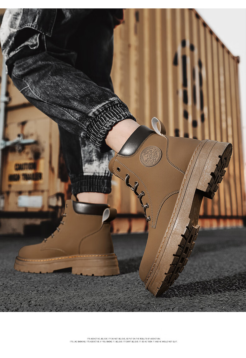 Huili Men's Shoes, 2025 Autumn And Winter New Style Men's Martin Boots, Workwear-Inspired Yellow Boots, High-Top Hiking Shoes, Black, Size 37 6