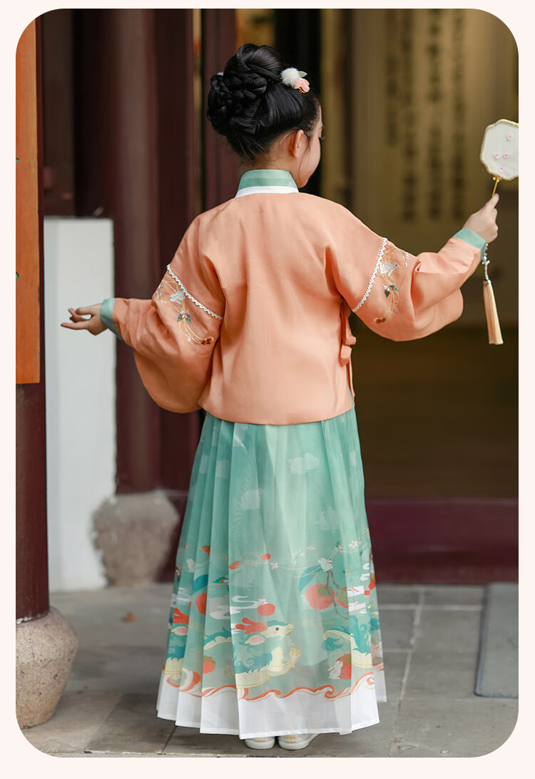 Luomeng Girls' Ming Dynasty Hanfu Chinese Style Children's Horse-Face Skirt Set Performance Costume, Hanfu Cobalt Blue Two-Piece Set, Size 160 5