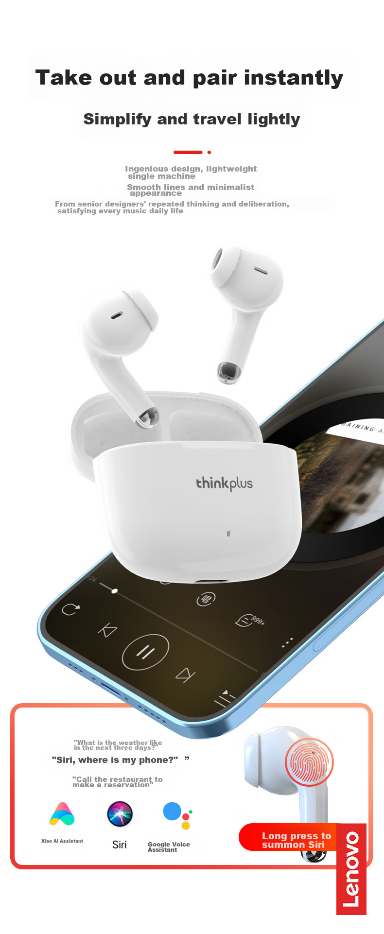 Lenovo Bluetooth Earbuds LP40pro White - True Wireless Semi-In-Ear, Long Battery Life, Noise Cancelling, Deep Bass, Low Latency for Gaming, Compatible with Apple and Huawei, Bestselling 400K+ Units 8