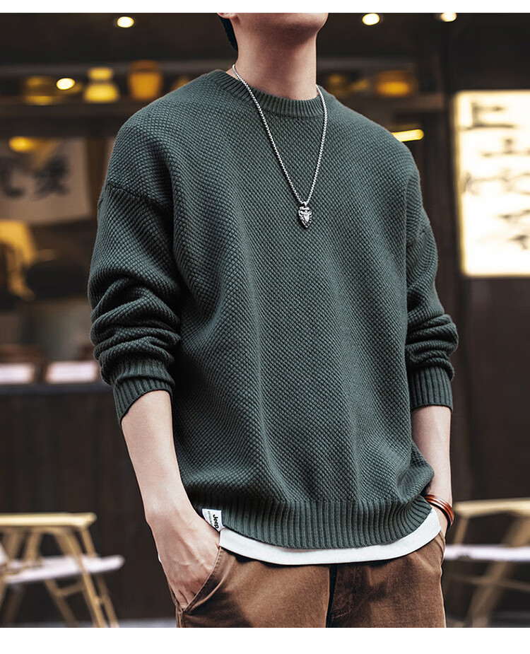 JEEP Men's Winter Loose Fit Crew Neck Premium Knit Sweater Inner Layer Military Green 3XL 5