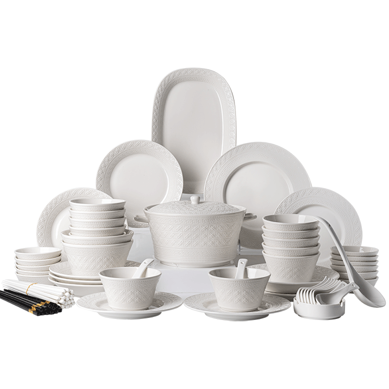 JD Original Complete Set of Bowls And Plates, Ceramic Dinnerware Gift Box for Housewarming, Embossed Fen Dan Bai Lu 76-Piece Set
