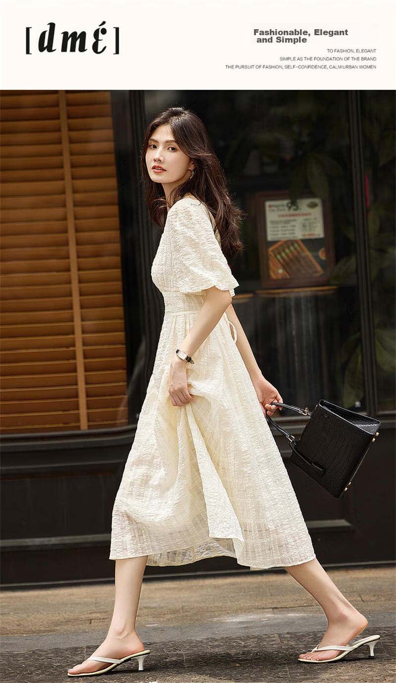 Dme [Commuter Cotton Bright Silk Umbrella Skirt], Summer Style Square Neck Waist-Cinching Puff Sleeve Dress, Long Women's Dress 1