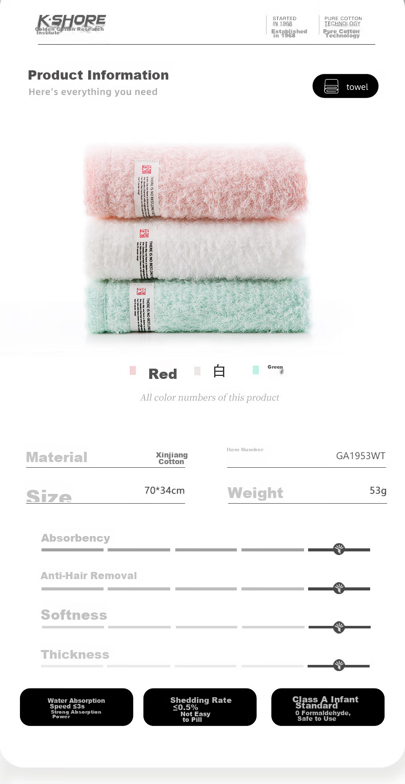 KING SHORE Towel, 100% Pure Cotton Face Towel, All-Cotton 60s High-Count Combed Cotton, Class A Sports Towel, 3 Pieces 2
