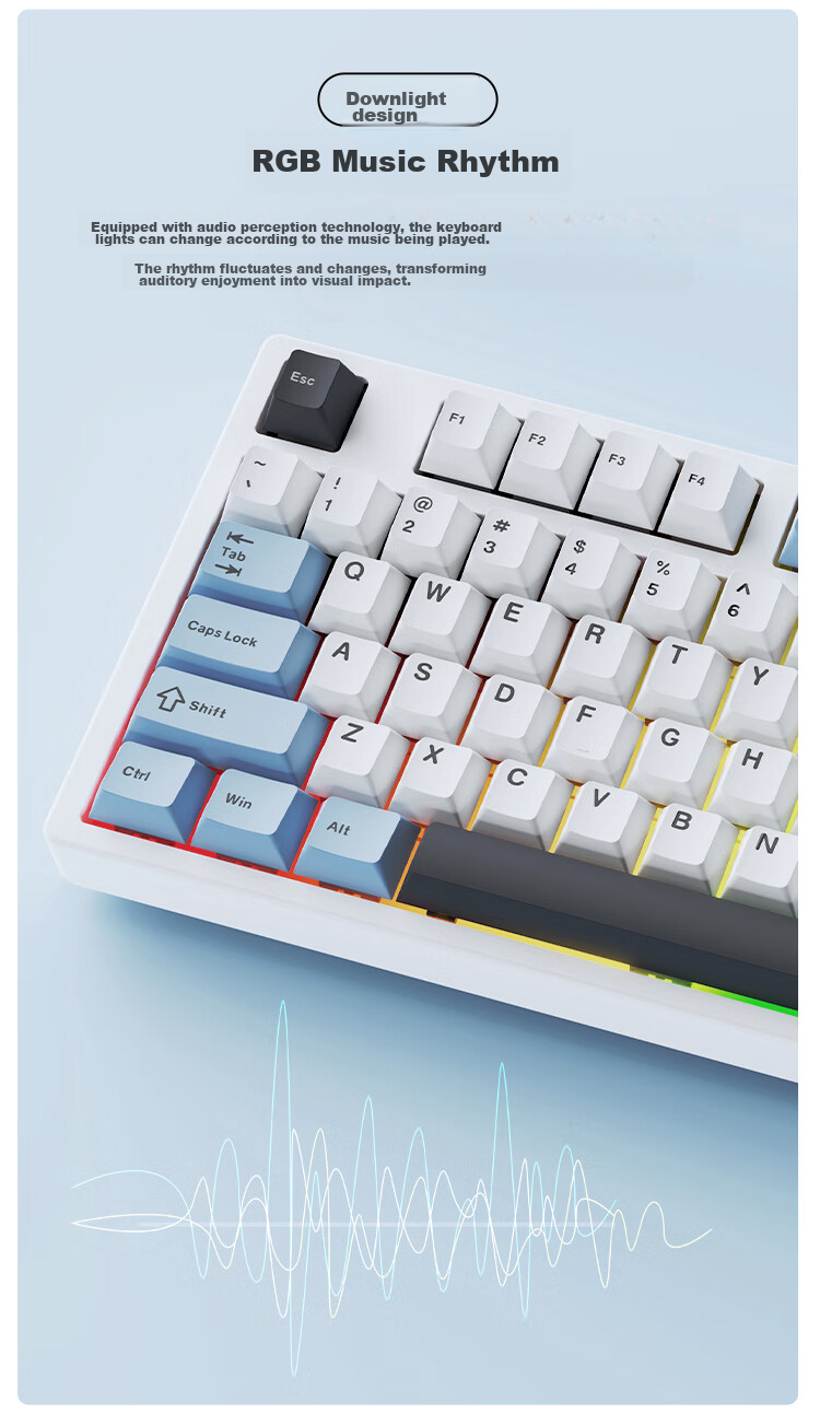AJAZZ AK35IV3 Wired Hot-Swappable Customizable Mechanical Keyboard, 104 Keys, Gasket Structure, PBT Keycaps, 5-Layer Fill, Blue Light, Blue And White, Sea Salt Switches 16