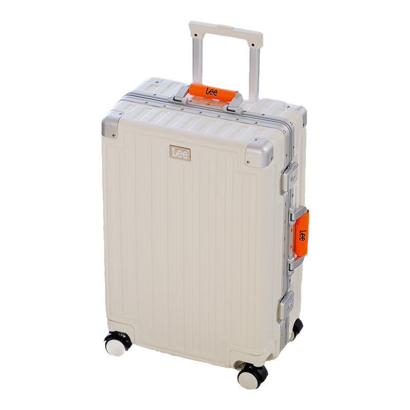 Lee High-Quality Aluminum Frame Multifunctional Suitcase with Leather Handle, Large Capacity Password Lock Travel Case, White, 26 Inches