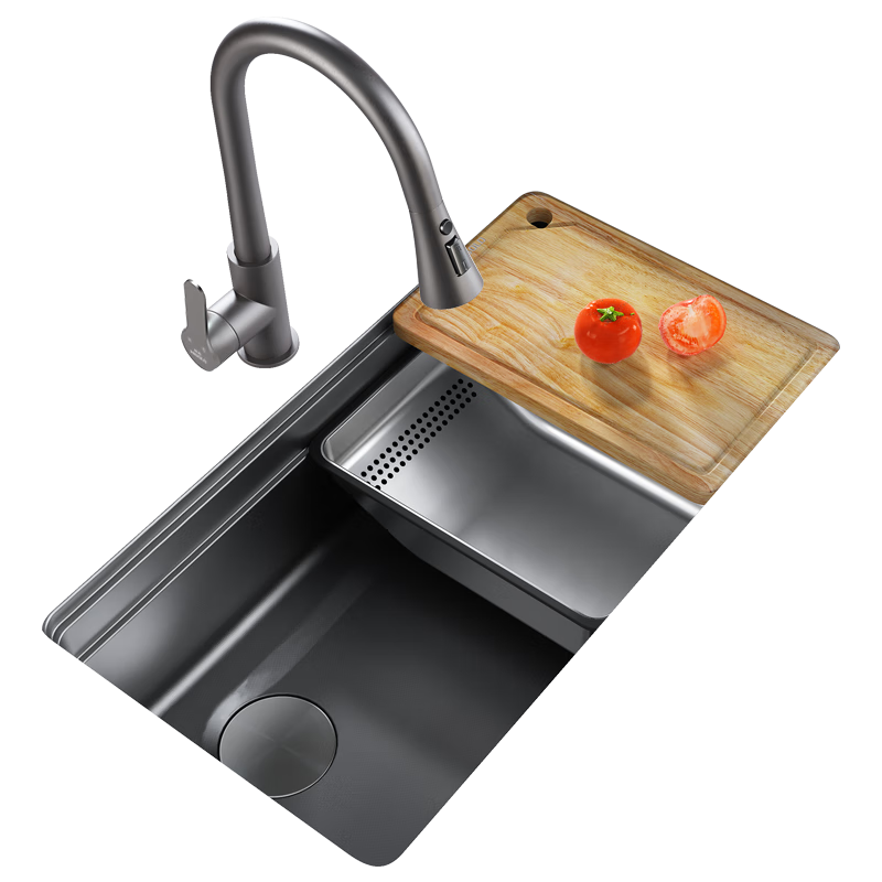 HIGOLD Kitchen Sink, Double-Step Black Titanium Nano 304 Stainless Steel Large Single Bowl, Vegetable Washing Basin, Dishwashing Sink, Faucet Set