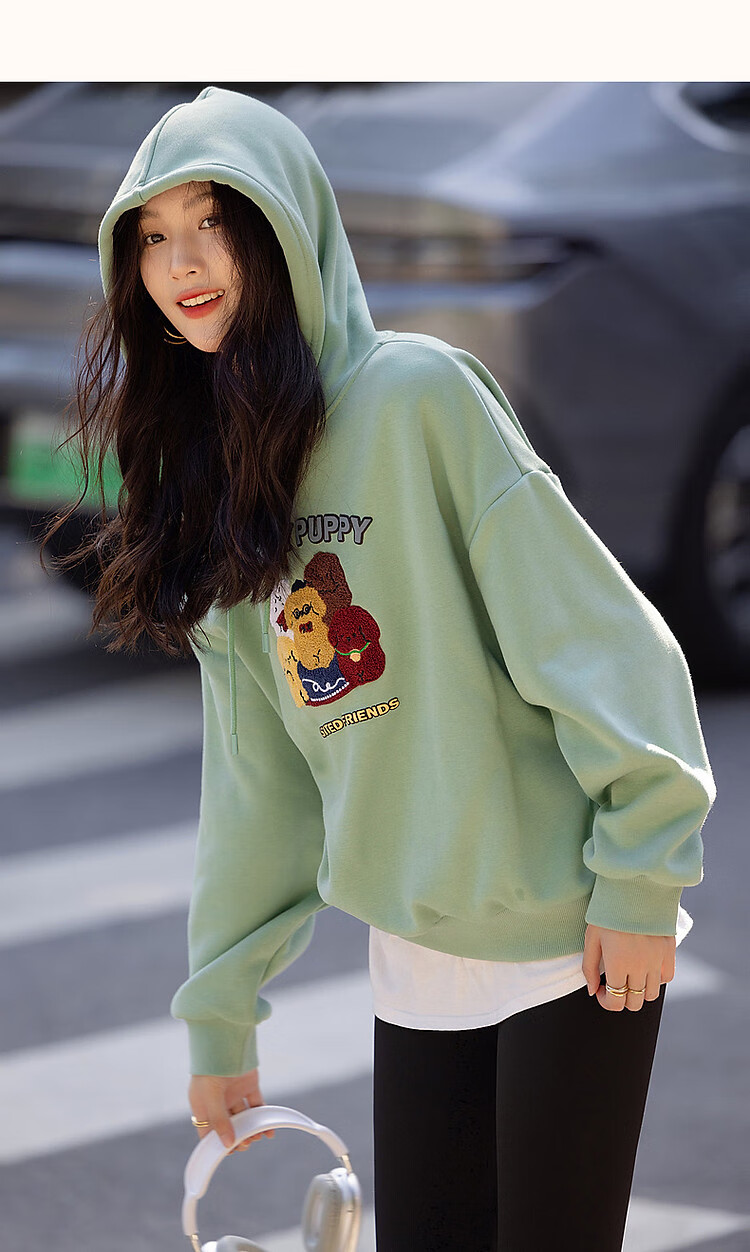 Dme Winter Casual Hooded Letter Animal Towel Embroidery Fleece-Lined Warm Sweatshirt Women's Top, Light Water Green, XL 24