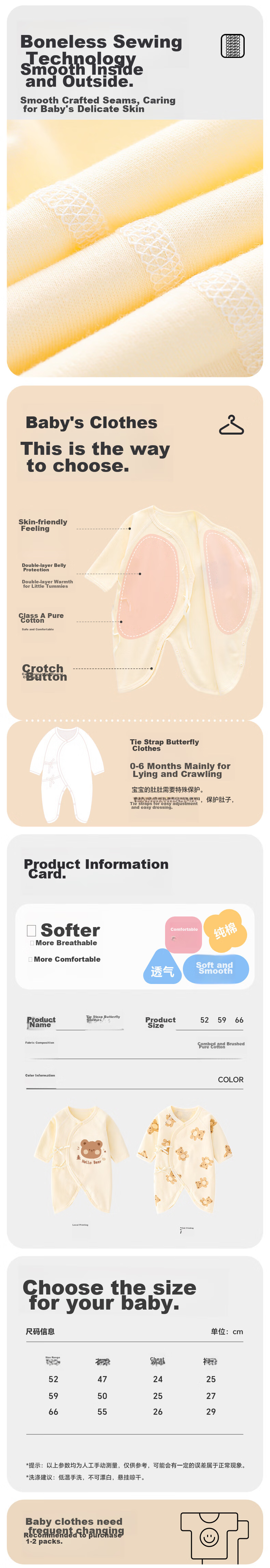 Babyprints Baby Romper 2-Pack, Infant Butterfly Suit, Long-Sleeve Belly-Protecting Onesie, Pure Cotton Clothing, Soft Bodysuit, Size 66 3