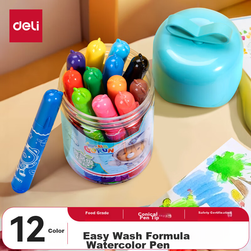 Deli Easy-To 12-Color Watercolor Markers, Food-Grade Non-Toxic for Ages 2-6, Conical Tip, Easy to Doodle And Draw, Art Supplies, Anti-Shrinkage, Cute Astronaut Design, Gift for Girls, Children's Gift, Sketching Watercolor Pens