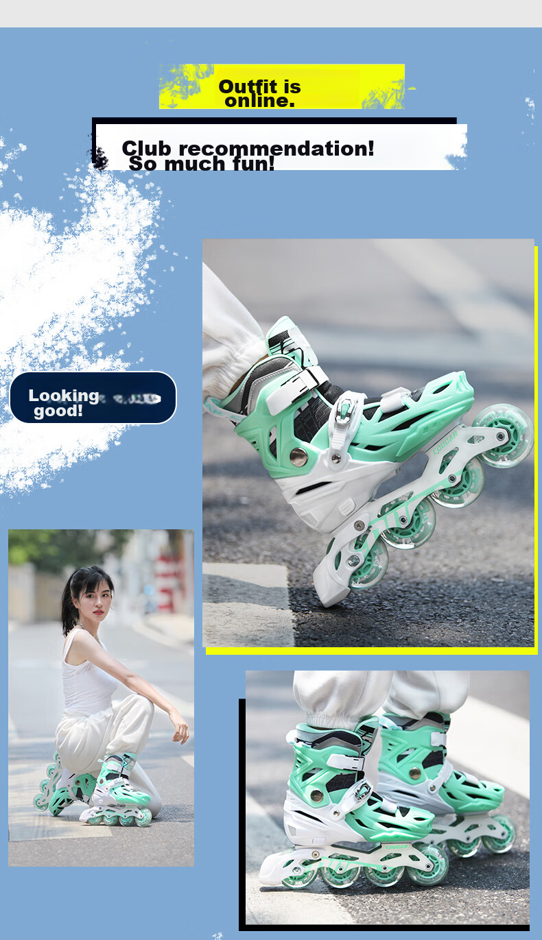 COUGAR Adult Adjustable Full-Flash Roller Skates, Flat Floral Casual Dual-Purpose Inline Skates, Green And White, Size L (36-39) 8