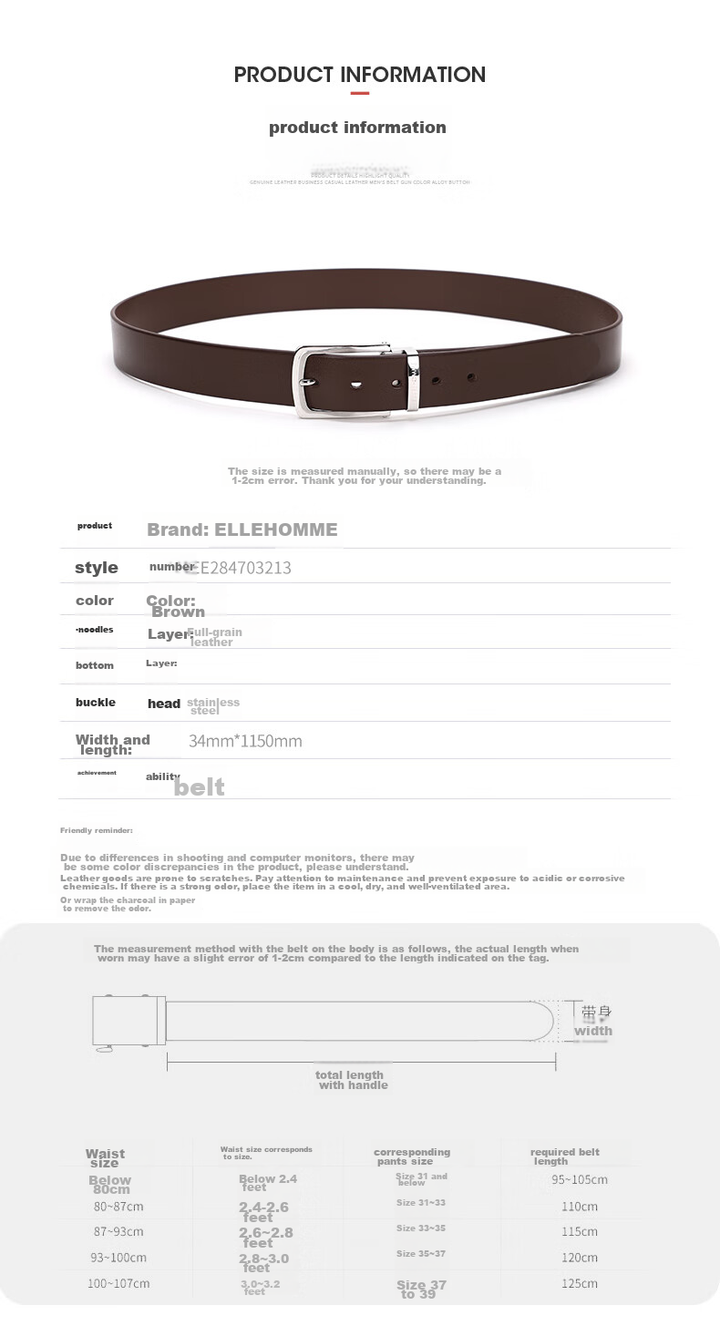 ELLE HOMME Business Men's Leather Belt, Single-Layer Cowhide Pin Buckle Waistband, 304 Stainless Steel Buckle Head, Birthday Gift for Me 7