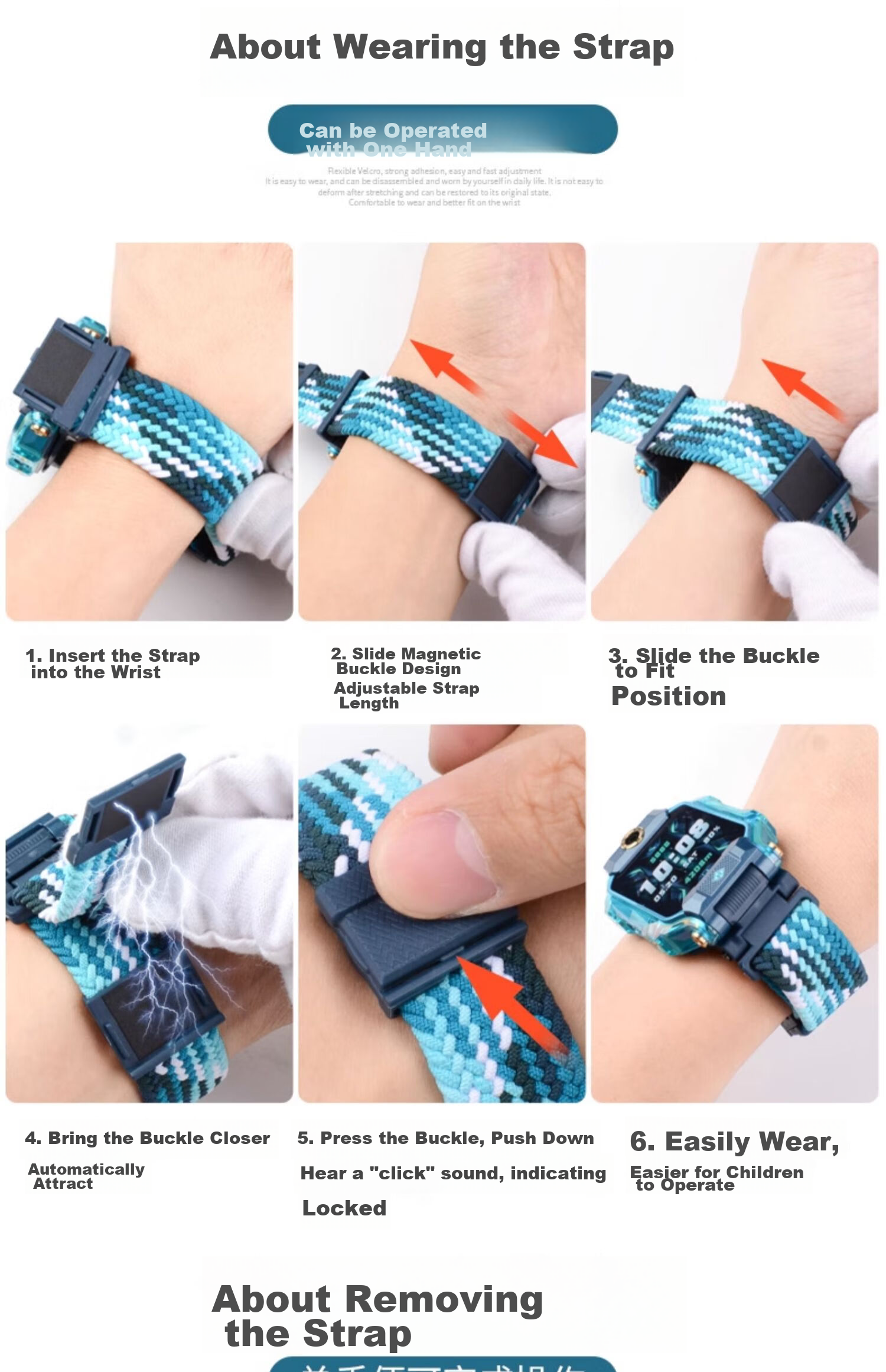 Watchbond Compatible with Xiaotianc Z8 Children's Smartwatch Strap, Suitable for Z10/Z9/Z8A/Z7/Z6/Z5 Braided Magnetic Clasp Watchband, Replacement for Q2A/Q1R/D3 Y01A Wristband 5