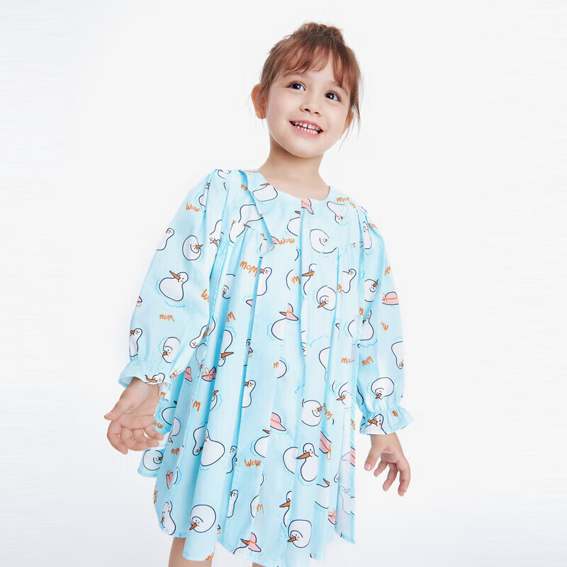 Annil Girls' Long-Sleeve Dress for Spring, Blue Floral Pattern, Size 100