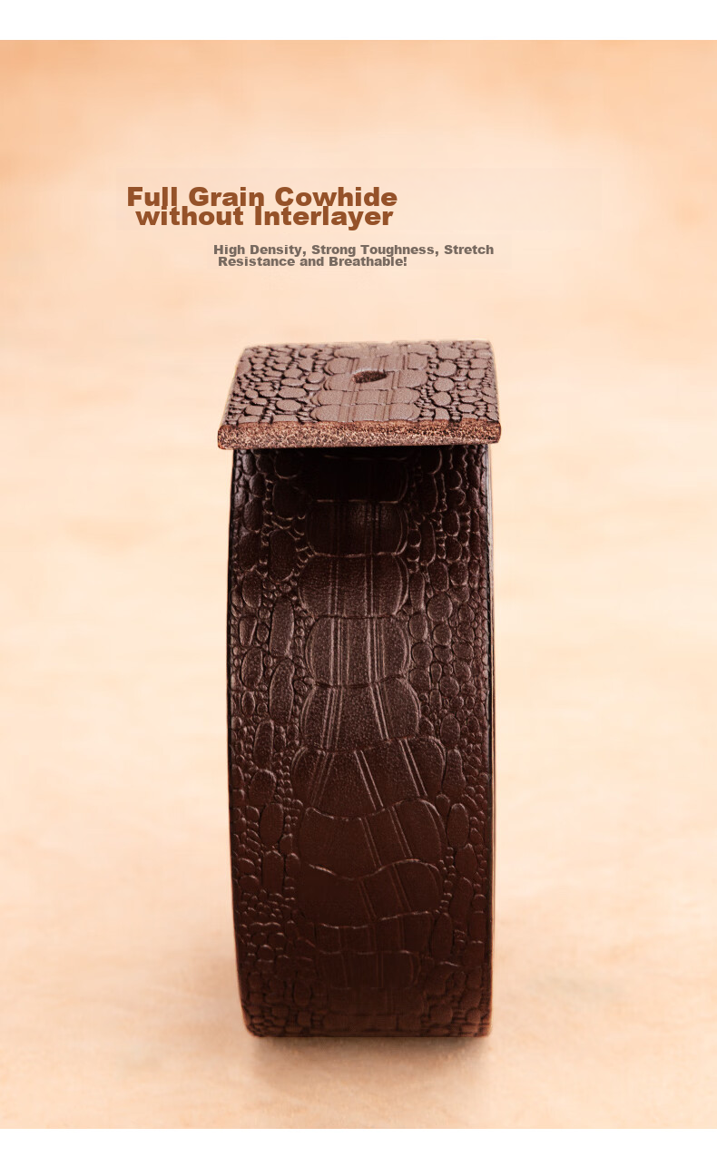 Cattlesboss Men's Belt, Alligator Pattern, Top-Grain Leather, Pin Buckle with Copper Clasp, 1986 Gift for Dad, Dark Brown, 110cm 9