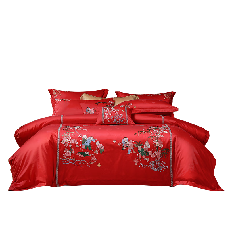 Fuanna Wedding 8-Piece Set Fortune and Happiness Hundred Sons Pattern National Style Embroidery Bright Red Bridal Bedding Dowry Gift 1.5m Bed