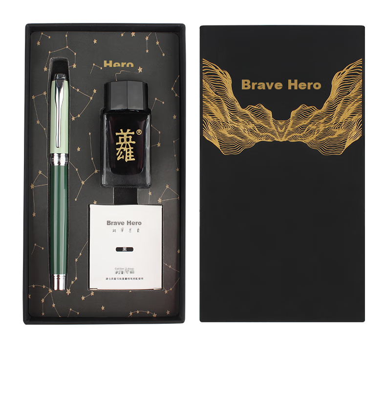 HERO Fountain Pen, Gift Box Morandi Contrasting Color Iridium Gold Fountain Pen, Business Office Neutral Signature Pen Ink Set, Twilight Green Glossy Finish 18