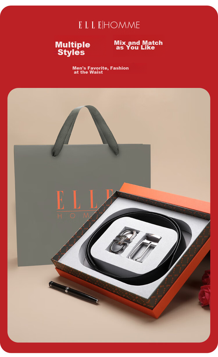 ELLE HOMME Men's Belt, Top-Grain Leather Buckle + Pin Buckle Belt, Stainless Steel Buckle Set, Birthday Gift for Me 6