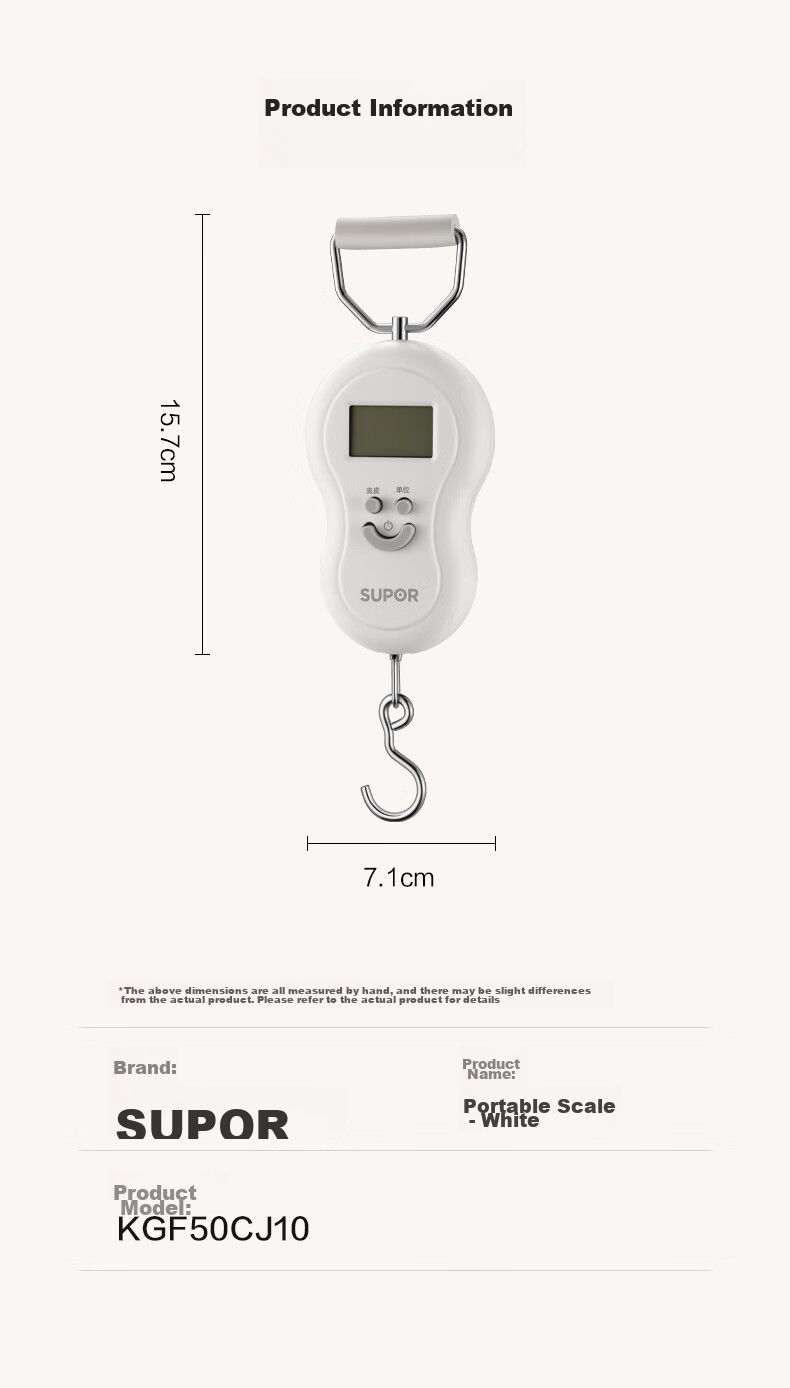 SUPOR Electronic Kitchen Scale, Gram Scale, Food And Luggage Express Handheld Scale, Portable White KGF50CJ10 12