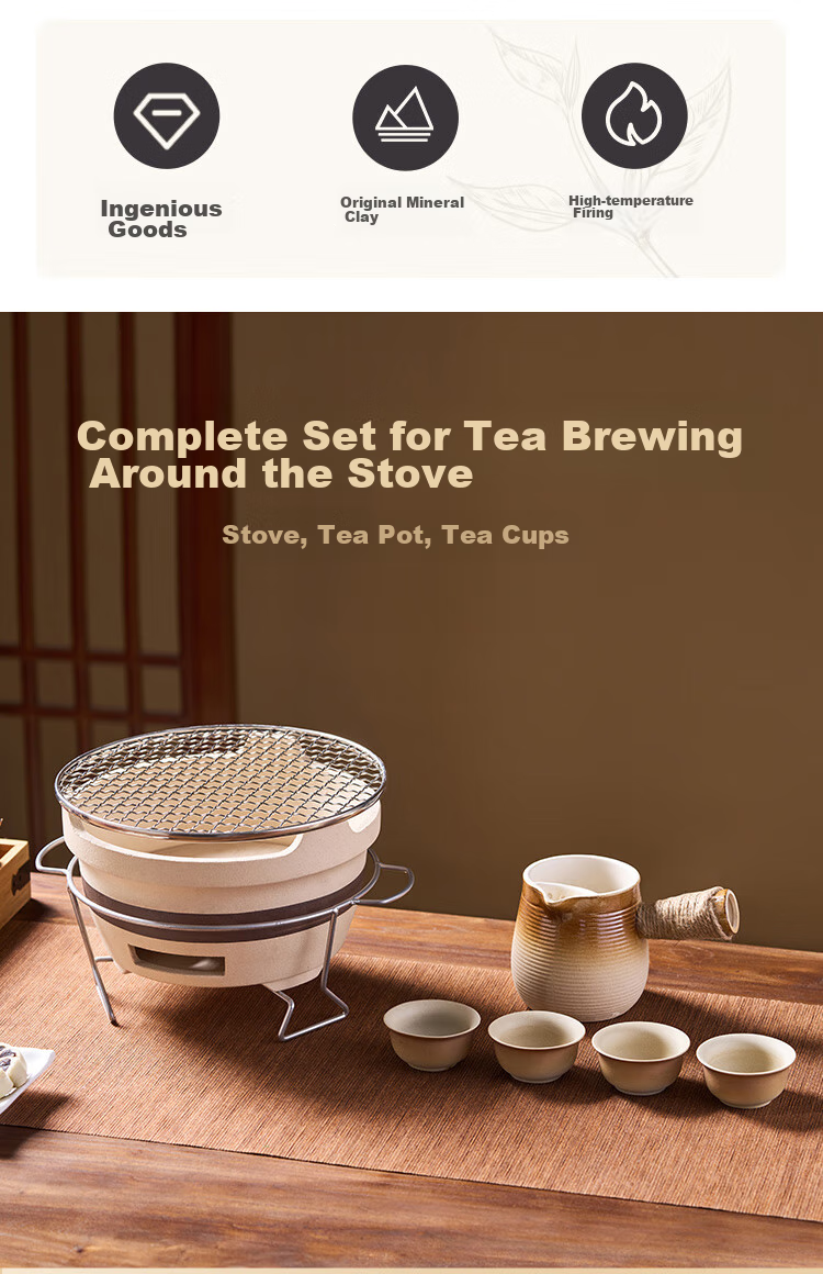 Suncojia Tea Brewing Set with Stove, Charcoal Barbecue Stove, Carbon Tea Pot, Ceramic Teacups, Mud Stove, Clay Stove, And Side Stove 2