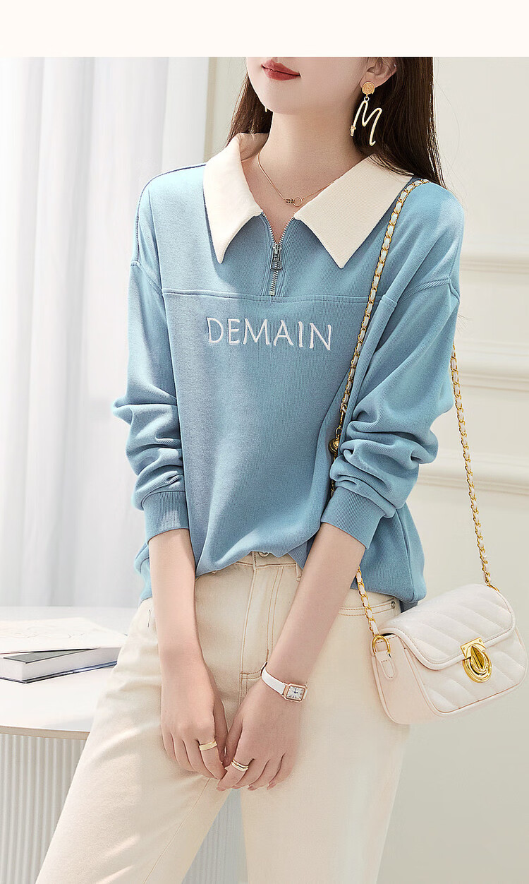 Dme [Elegant Letter Embroidery Sweatshirt] Spring And Autumn Commuter Style, Turn-Down Collar Long Sleeve Patchwork Women's Sweatshirt, Light Blue, XL 18