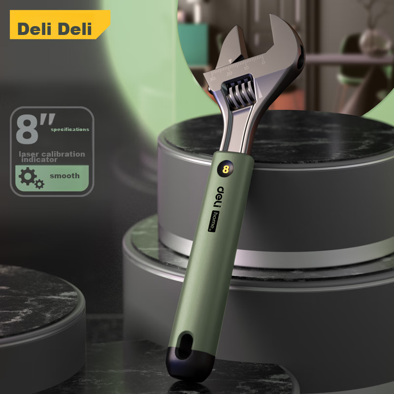 Разводной ключ Deli HT1508L, 8 дюймов, с пластиковой ручкой, лазерная шкала, углеродистая сталь, зеленый/черный