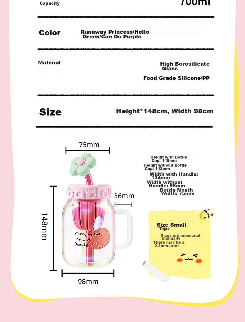 BABLOV Children's Water Bottle for Girls, Stylish Large Capacity Glass Tea Infuser Cup with Straw 16