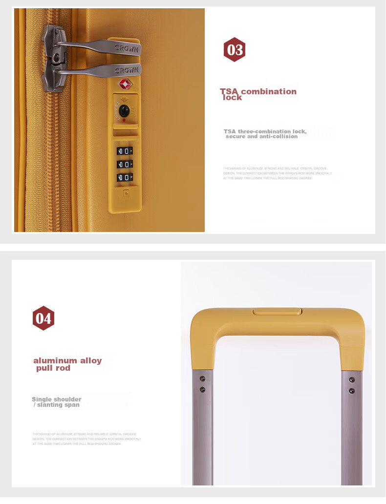 CROWN Zipper Aluminum Frame Suitcase, Carry-On Luggage, Large Capacity Front-Opening Case, Small Size 5278-20 Beige 15