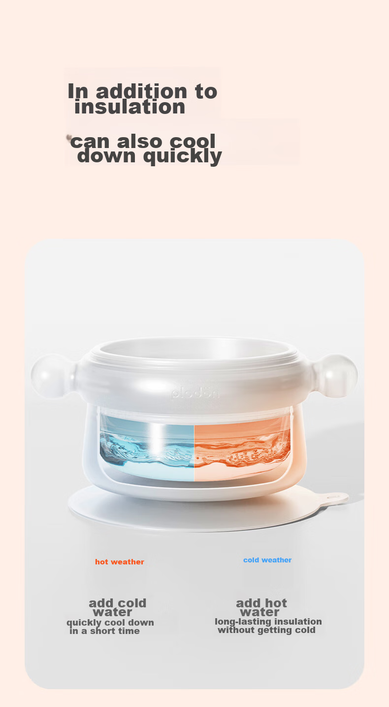PLODON Baby Food Bowl with Temperature Control Water Injection, 316 Stainless Steel Insulated Feeding Bowl, Anti-Fall Children's Tableware for Infants 20