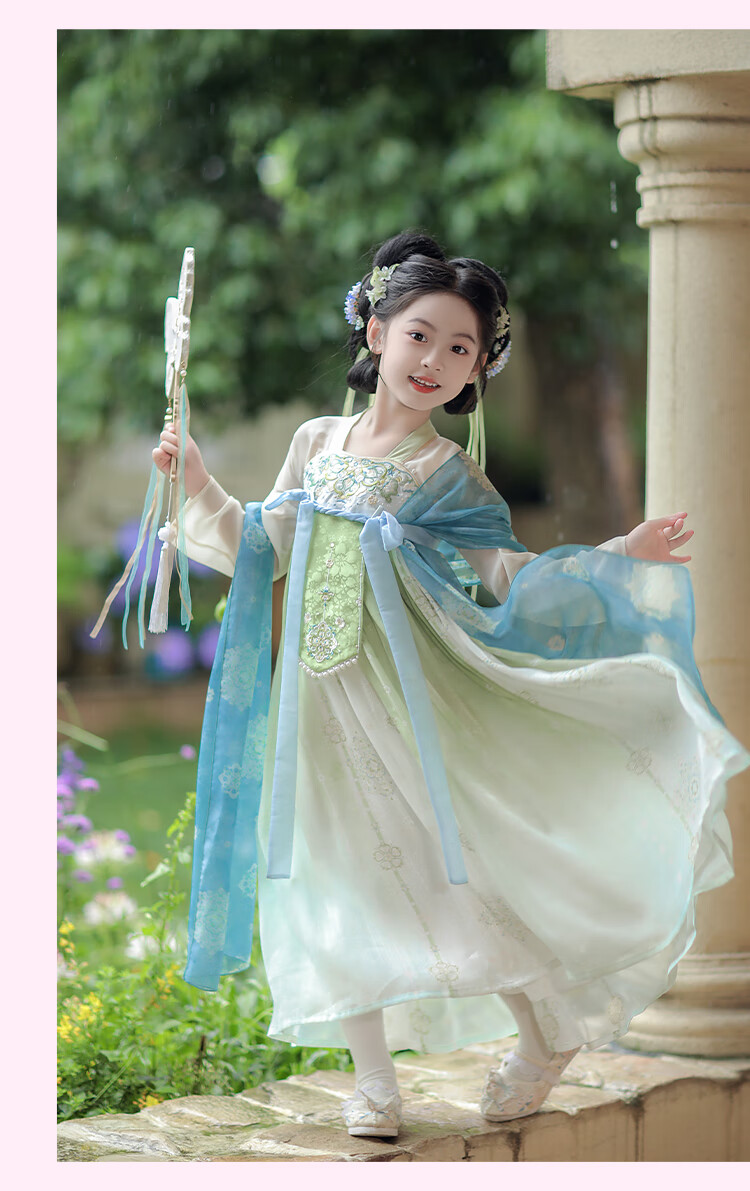 Qibo Hanfu Girls' Spring And Autumn 2026 New Style Children's Ancient-Style Ethereal Dress, Mountain Green without Shawl, Size 110 17
