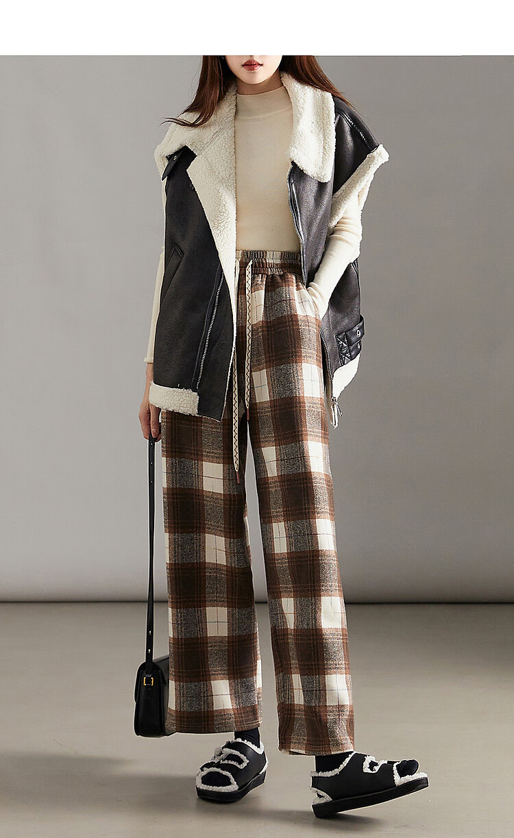 Demana [Fashion Plaid] Winter Little Chanel Style Elastic Waist Wide Leg Pants Fleece Lined Slightly Stretchy Casual Trousers for Women 1