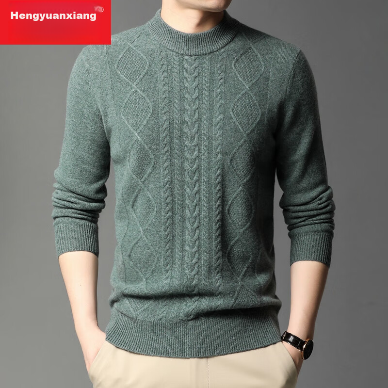 Hengyuanxiang Men's 100% Pure Wool Sweater, New Winter Style Semi-Turtleneck Sweater, Thickened Warm Knitted Base Layer for Young And Middle-Aged Me