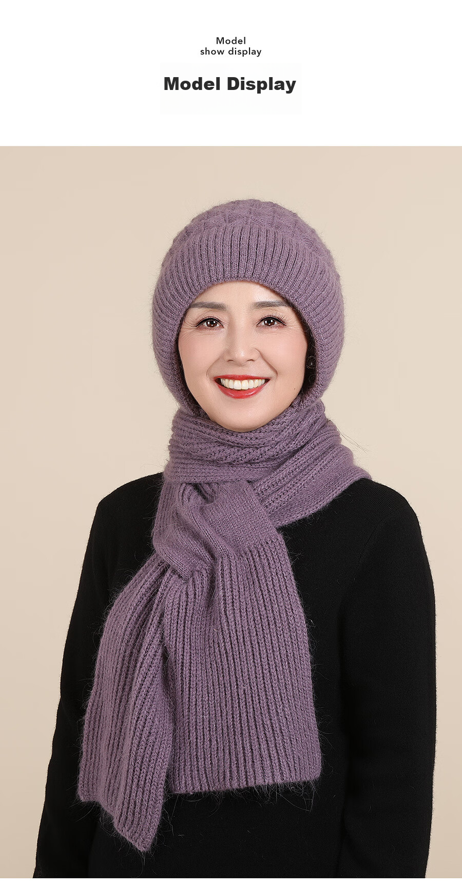 Hengyuanxiang Middle-Aged And Elderly Hat Scarf Integrated Knitted Cap, Winter Warm Rabbit Fur Fleece-Lined Gift for Elders 11