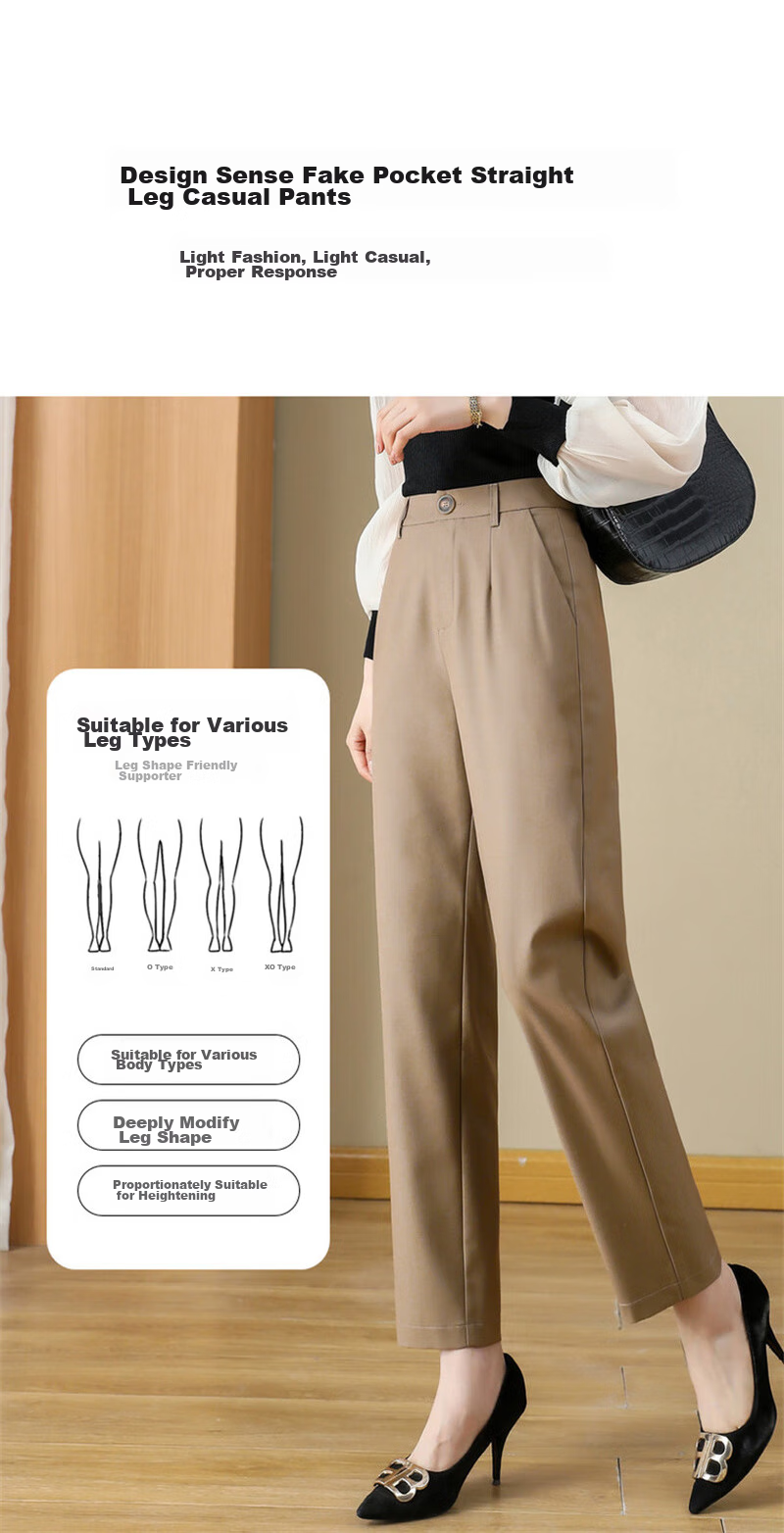 Dme Cropped Pants for Spring And Autumn, New Straight-Leg Suit Pants with Fake Pockets, Casual Trousers for Women, Khaki, S 11