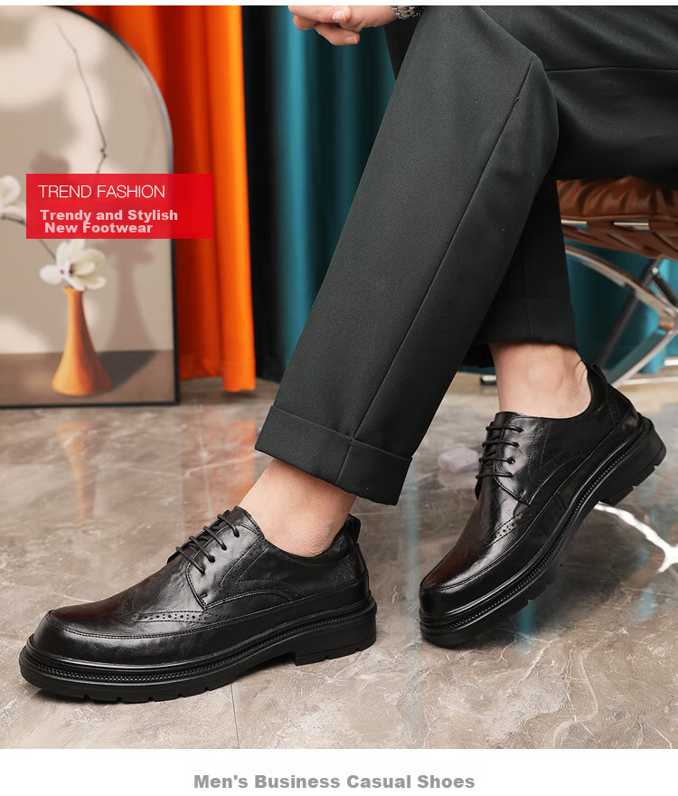Poitulas Men's Low-Top Lace-Up Shoes with Hand-Grab Texture, Business Casual Shoes, British Brogue Wedding Shoes, 2996 Black, Size 39 11