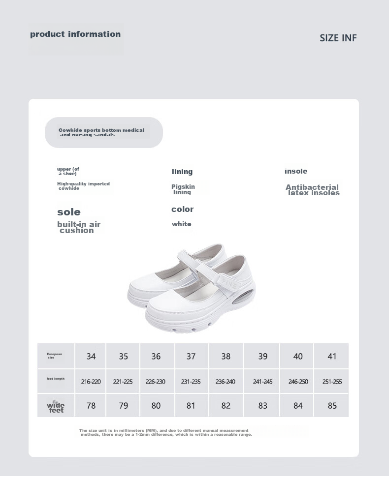 Feiying Air Cushion Nurse Shoes for Women, Spring And Summer Style, Genuine Leather, Glossy Surface, Velcro Medical Work Shoes 2-2013 White 40 8
