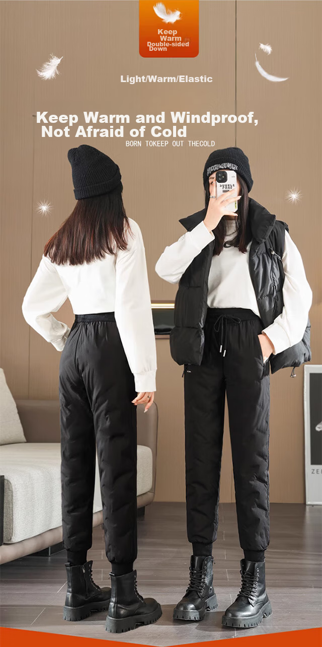 LangSha Women's Down Pants for Outdoor Wear, Winter Fleece-Lined White Duck down Trousers, Women's Tapered Leg Windproof Cotton Pants, Thickened Warm Pants, Black 1