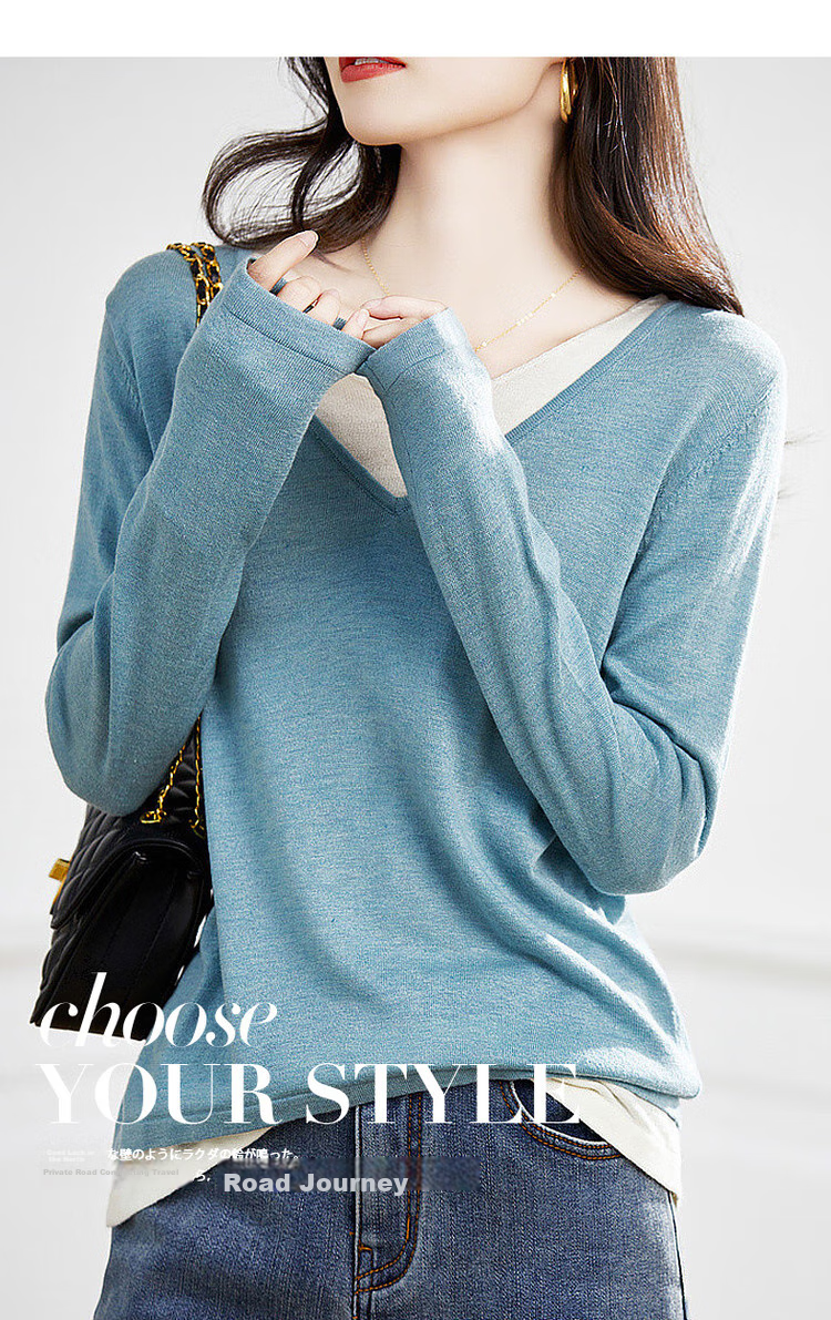 Dme [Color-Block Casual Knit Sweater] Spring And Autumn Commuter V-Neck Loose Long-Sleeve Sweater for Wome 2