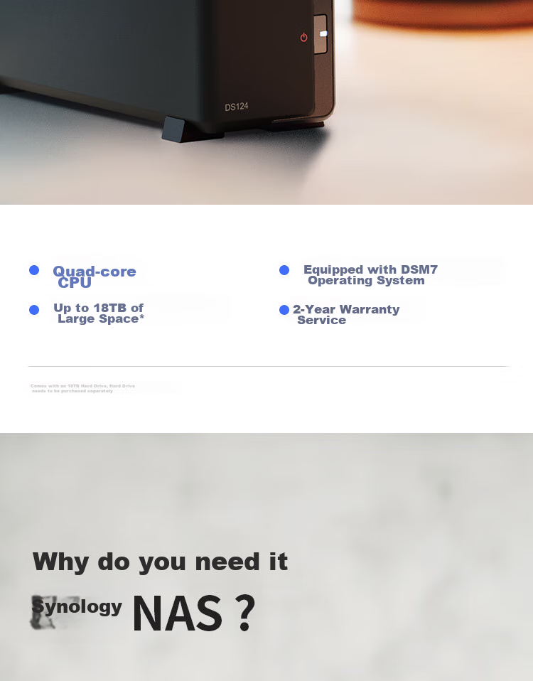 Synology DS124 Quad-Core Single-Bay NAS Network Storage Private Cloud Smart Album Automatic File Storage 2