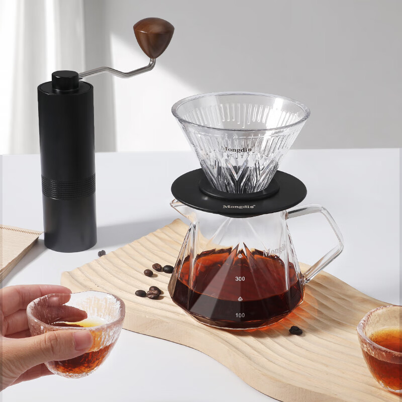 Mongdio Pour-Over Coffee Maker Set with Stainless Steel Grinder, Filter Cup, Coffee Filters, Pour-Over Kettle, Sharing Pot, 7-Piece Set