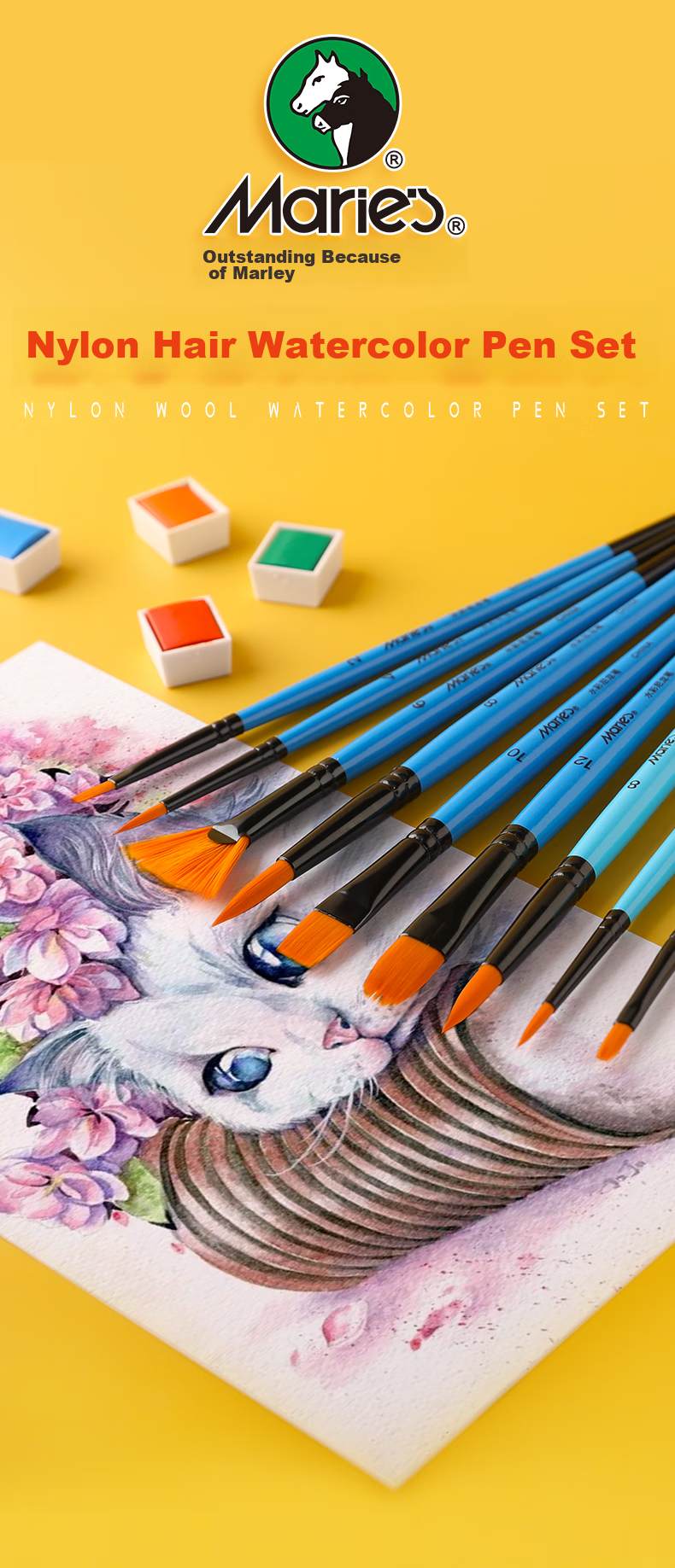 Marie's 3-Piece Nylon Watercolor Brush Set for Beginners, Painting Watercolor Brushes for Children And Students, Hand-Drawn Painting Brushes for Art Students, Professional Paint Watercolor Brushes G1143 1