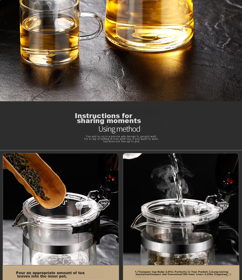 Ranye Glass Teapot with Heat-Resistant Cup, Press-Type Tea Infuser with Separate Compartments, 1000ml Simple Filter Tea Pot SY1000 6