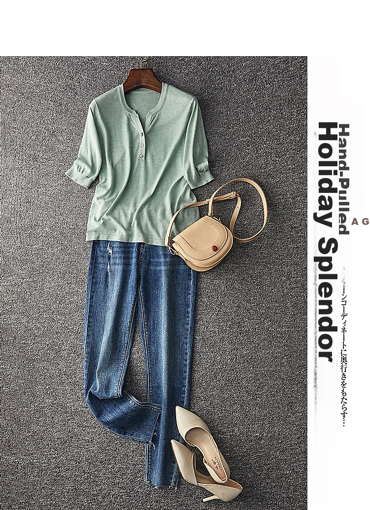 Dme [Baohe Milk Cheese] Spring And Summer Semi-Open Collar Sweater with Wool, Five-Quarter Sleeve, Petite Knit Top for Wome 8