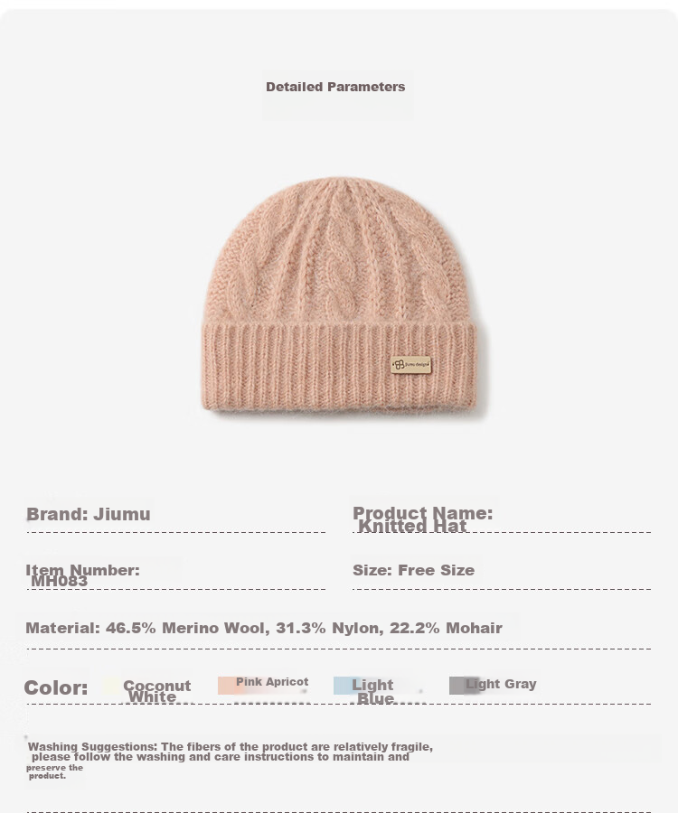 JIUMU Wool Warm Knit Hat, Autumn And Winter Sheepskin Knitted Hat, Cold Hat, Winter Hat, Outdoor Ear Protection Cold Cap for Wome 7