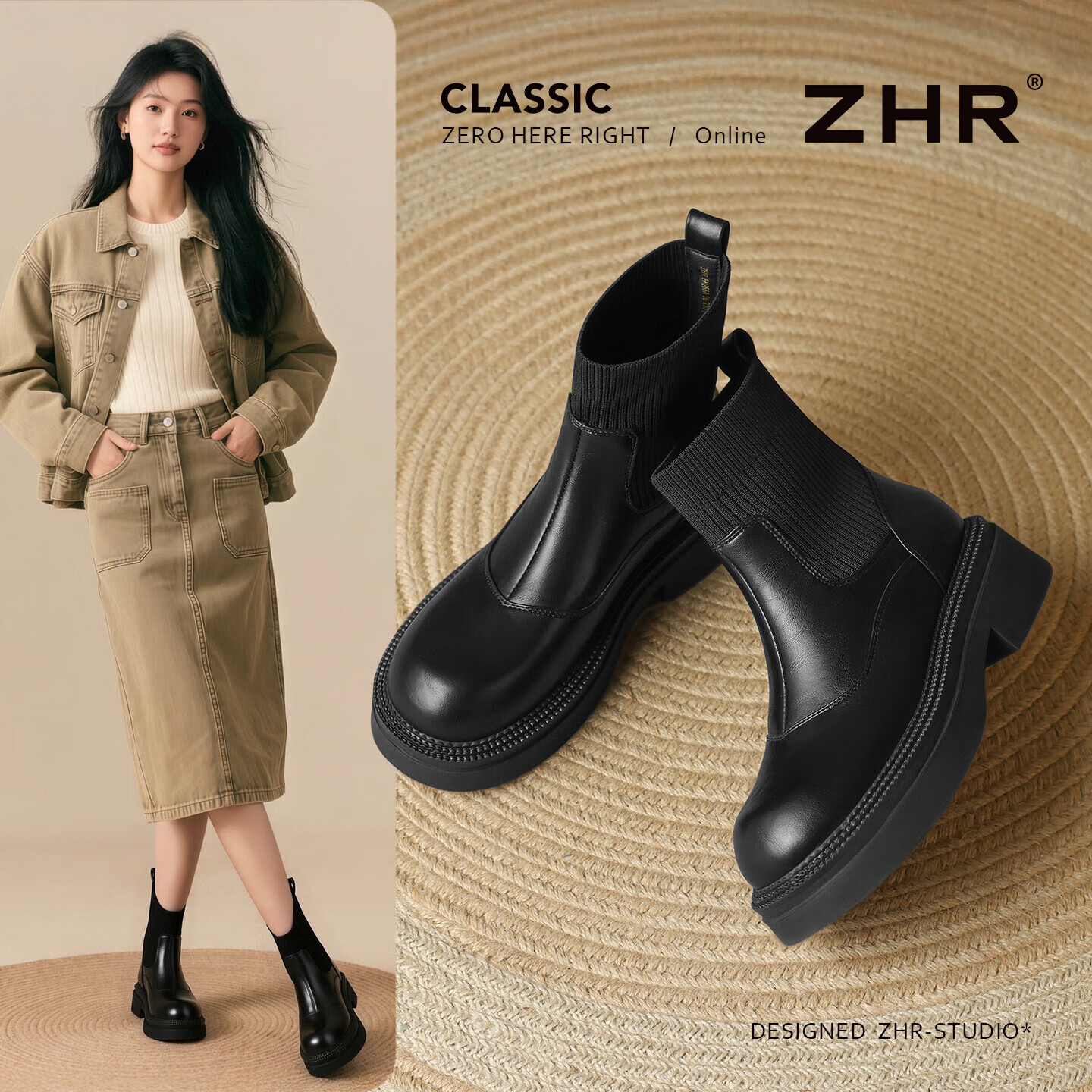 ZHR Elastic Socks Boots Women Autumn Winter Fleece Thick Sole Height Increasing Slimming Soft Sole British Short Boots EH255A Black 36