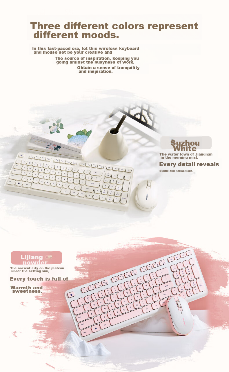 CHERRY DW2380 Wireless Keyboard And Mouse Combo Upgraded Version, 98-Key Quiet Membrane Keyboard, Mouse for Laptop, Cute Design for Girls, External, Wuyuan Gree 3