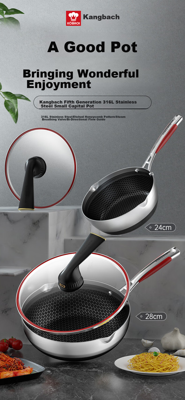 KOBACH Fifth Generation Non-Stick Wok, 316L Stainless Steel, Small Luxury Pan, Flat Bottom Frying And Stir-Frying Pan, 24cm (Suitable for 1-3 People) 1