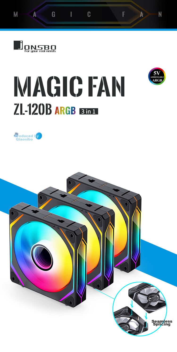 JONSBO ZL-120B Black Three-In Case Fan (Wired Splicing/5V3-Pin ARGB/PWM/Side & Hub Layered Mirror Effect) 1