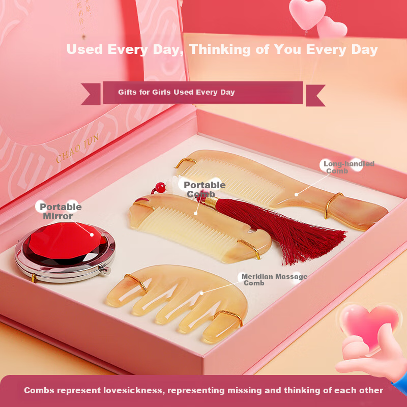 Chaojun Authentic Natural Sheep Horn Portable Comb Mirror, Women's Scalp Massage Meridian, Gift for Girlfriend Or Wife, Valentine's Day Present, Practical Gift Box Set, Mid-Autumn Festival