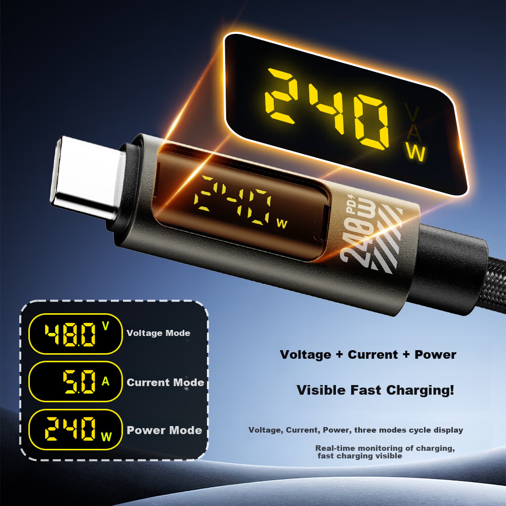 Beimo Magnetic Display Charging Cable, 240W Fast Charging Type-C Data Cable, Suitable for IPhone 18/17 Pro Max, Apple/Huawei/Xiaomi Phones, IPad/laptops, 1 Meter Black