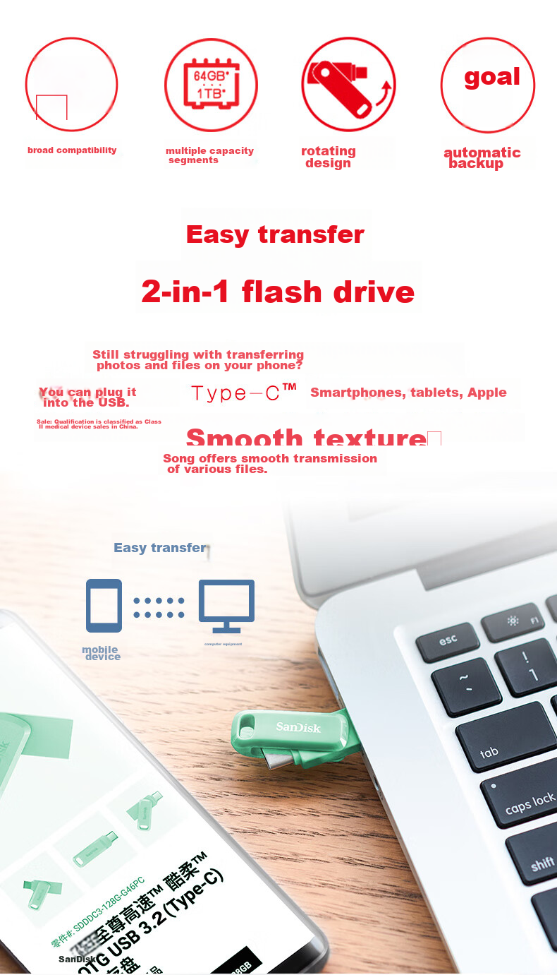 Sandisk 512GB Type-C USB3.2 Dual Drive DDC3 Purple, Read Speed up to 400MB/s, Automatic Backup, Compatible with Phones And Computers, Dual Interface High Capacity Flash Drive 3